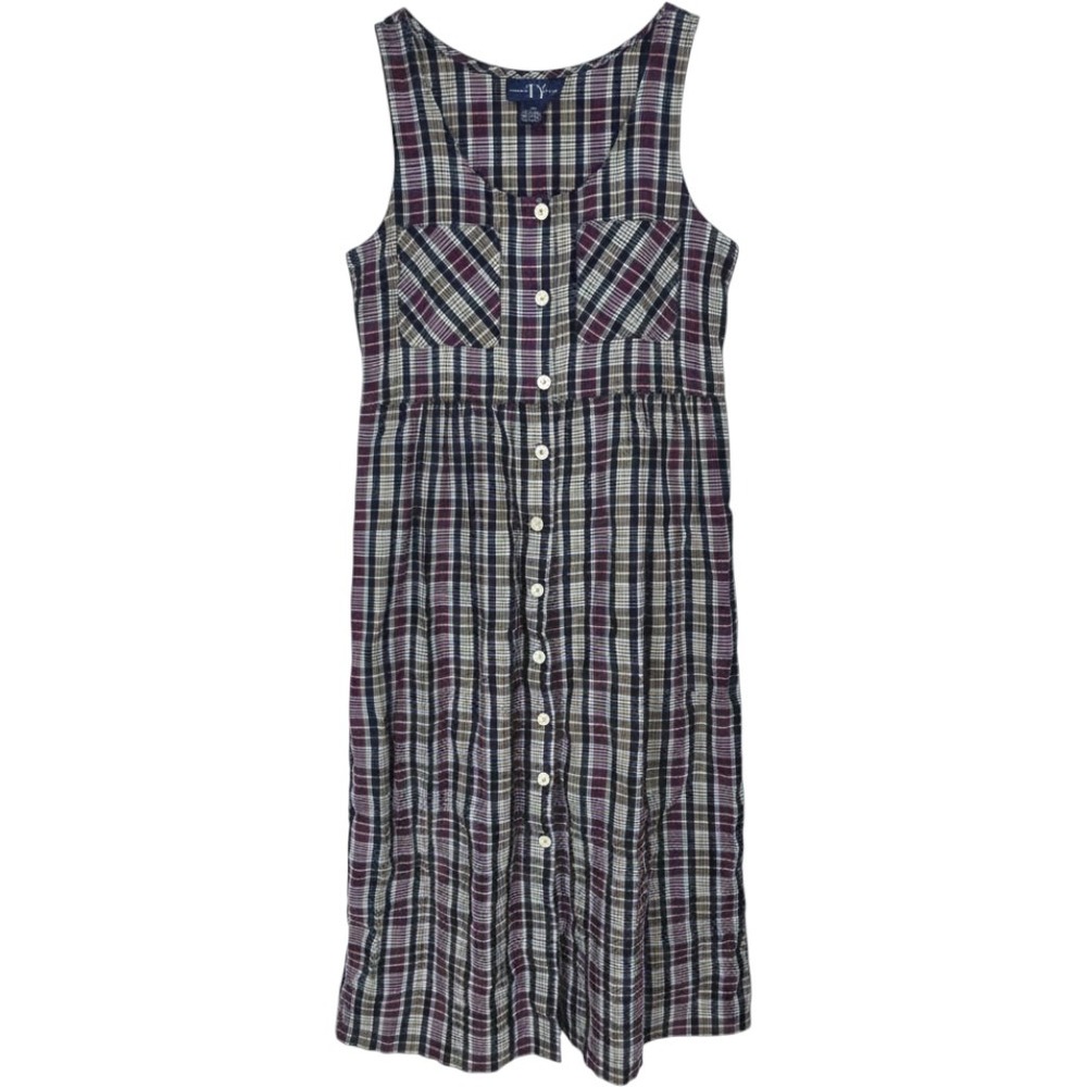Vintage Jumper Plaid Button Sleeveless Cotton Midi Dress Cottage Modest Academia